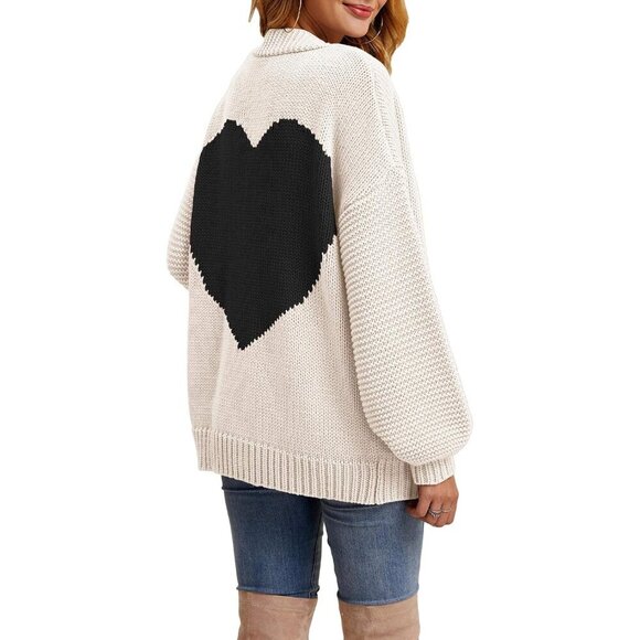 Women's Oversized Heart Pattern Knit Cardigan Casual Open Front Sweater